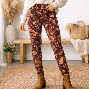 Seven7 High Rise Skinny Floral Corduroy Pants Burgundy Stretch Size 8 Boho Fall